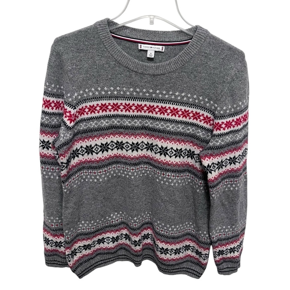 Tommy Hilfiger Gray Sweater with Red and Black Accents